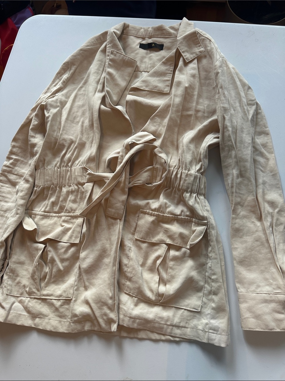 Women’s Cream Tie-Waist Utility Jacket with Front Flap Pockets